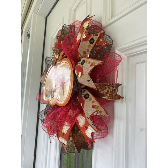 Happy Harvest Red Wheelbarrow Pumpkin Deco Mesh Ribbon Fall Storm Door Wreath - Picture 7 of 7